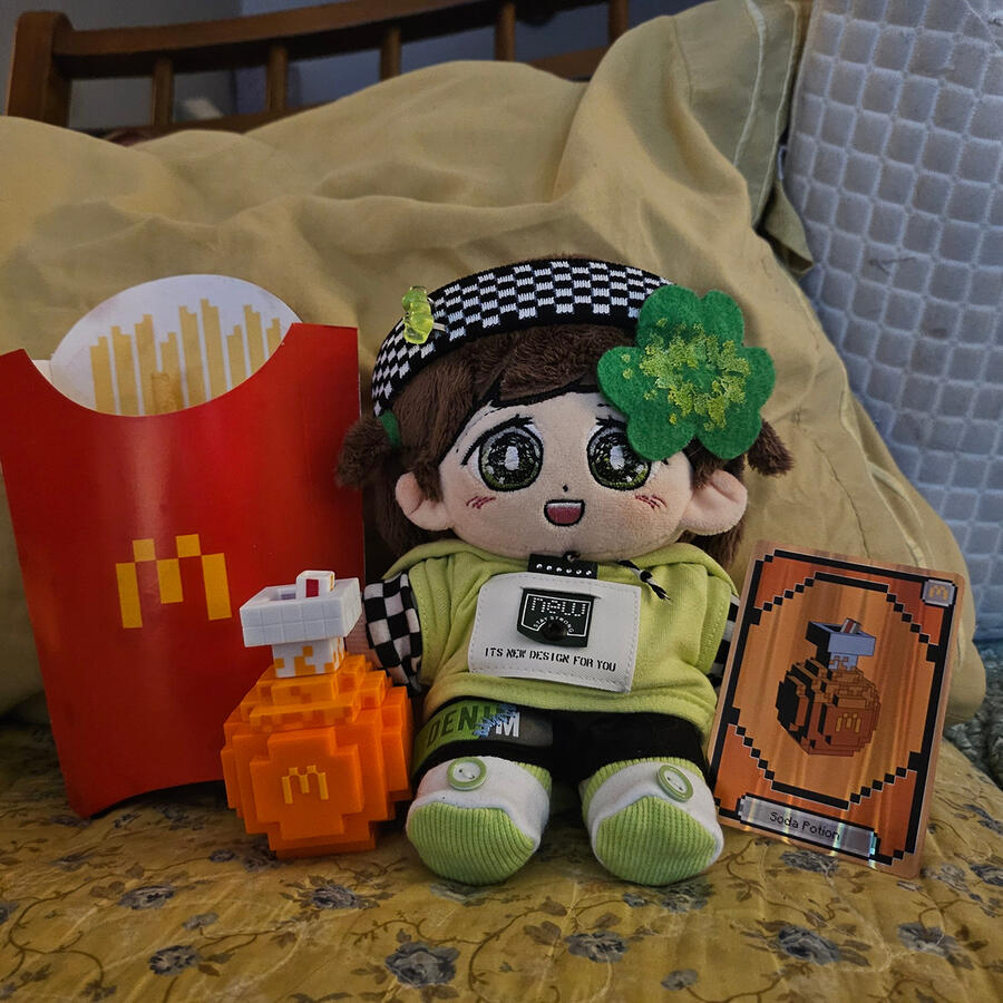cloverdoll enjoying her minecraft meal from mcdonalds. she sure likes mcdonalds.....